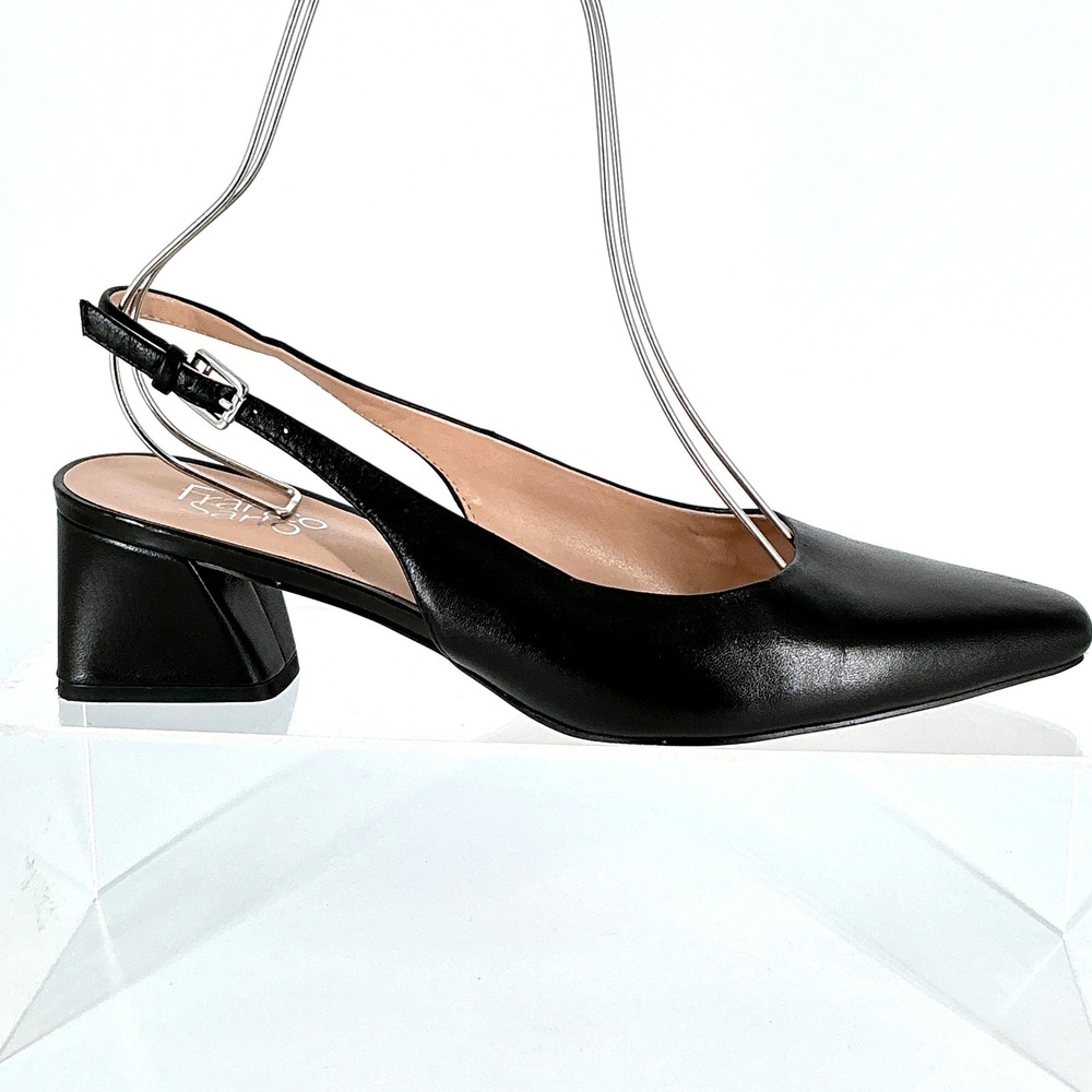 Franco Sarto Size 9 Jacer Black Leather Slingback Block Heel Pointed Toe Pumps